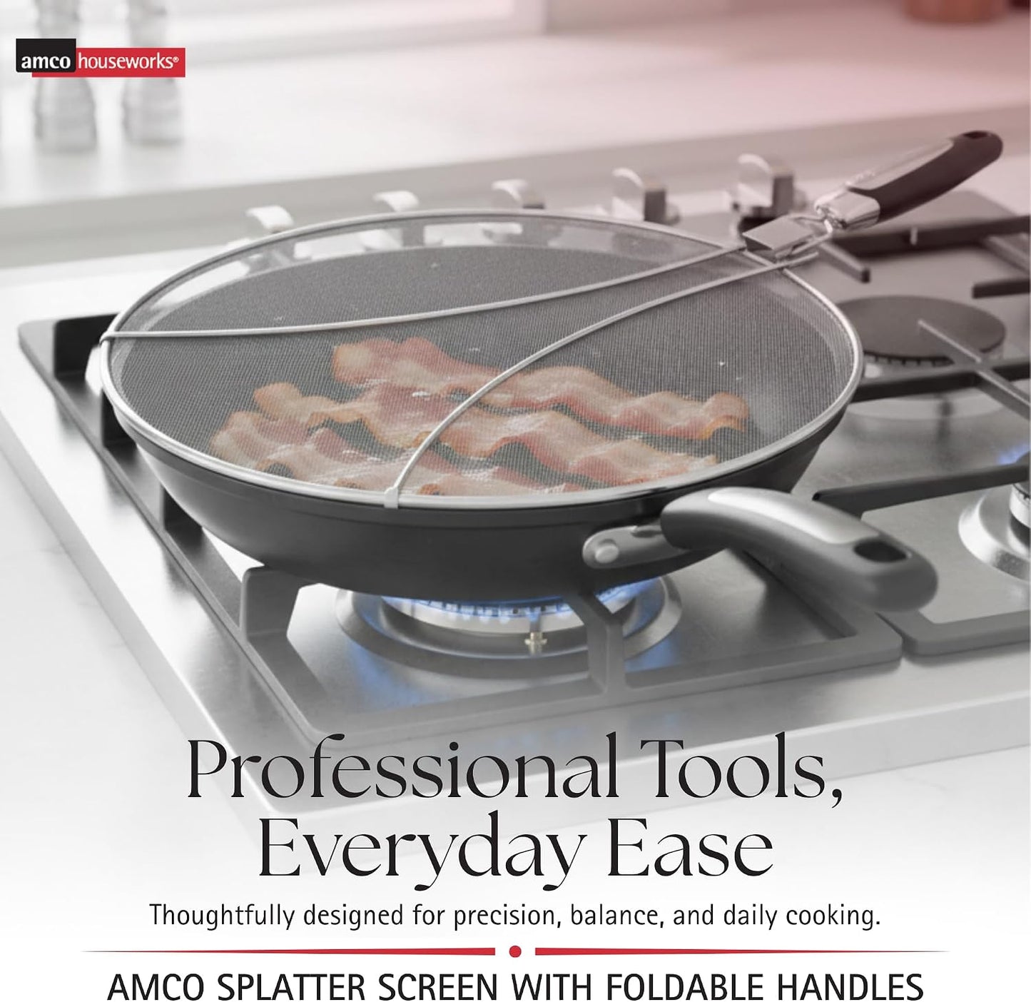 Amco 13" Splatter Screen with Foldable Handles - Stainless Steel Odor Absorber, Dishwasher Safe Versatile Kitchen Tool for Pans of All Sizes - Prevents Messy Splatters