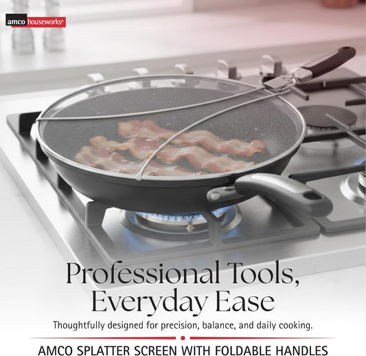 Amco 13" Splatter Screen with Foldable Handles - Stainless Steel Odor Absorber, Dishwasher Safe Versatile Kitchen Tool for Pans of All Sizes - Prevents Messy Splatters