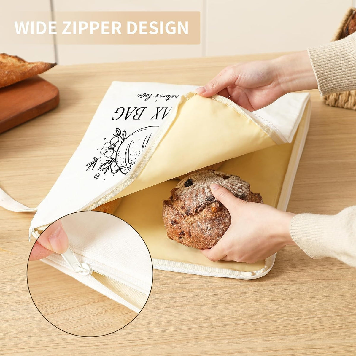 Wide Zipper Access Cotton &Beeswax Bags for Homemade Bread 2 Pack XL Reusable Beeswax Bread Bags for Homemade Bread Freezer Organic Cotton Food Storage Bags to Keep Fresh