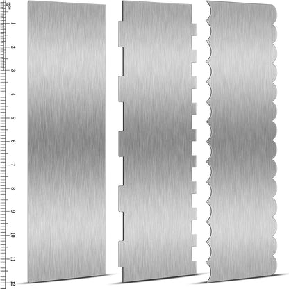 Yinkin 3 Pcs 12 Inch Cake Scraper Smoother Stainless Steel Cake Scraper Metal Large Double Sided Patterned Edge Decorating Comb Icing Smoother for Mousse Butter Cream Dessert Decoration
