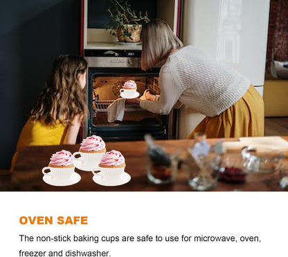 Silicone Cupcake Liners, 16 Pcs Silicone Muffin Cups for Baking, Reusable Muffin Liners, Teacup Cupcake Baking Cups, 8 Cups & 8 Saucers, Pink