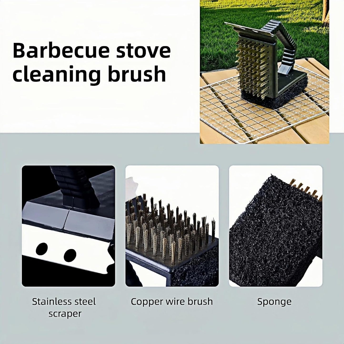 3-in-1 Heavy Duty Grill Brush with Copper Bristles, Stainless Scraper & Sponge - Angled Triangle BBQ Cleaner Tool, Non-Slip Grip for Grill Grate (Black)