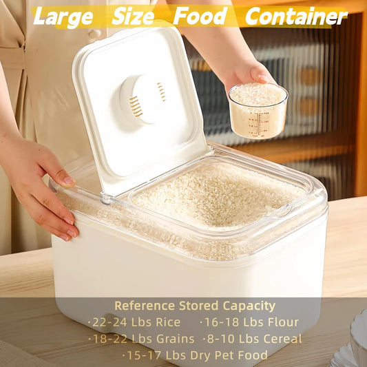 Large Rice Flour Storage Container 20-25 lbs，Measuring Cup and Spoon，Rice Flour Dispenser with Flip-up Lid，Carrying Handles，Airtight Food Storage Container for Cereal, Sugar, Beans, Pet Dog Cat Food