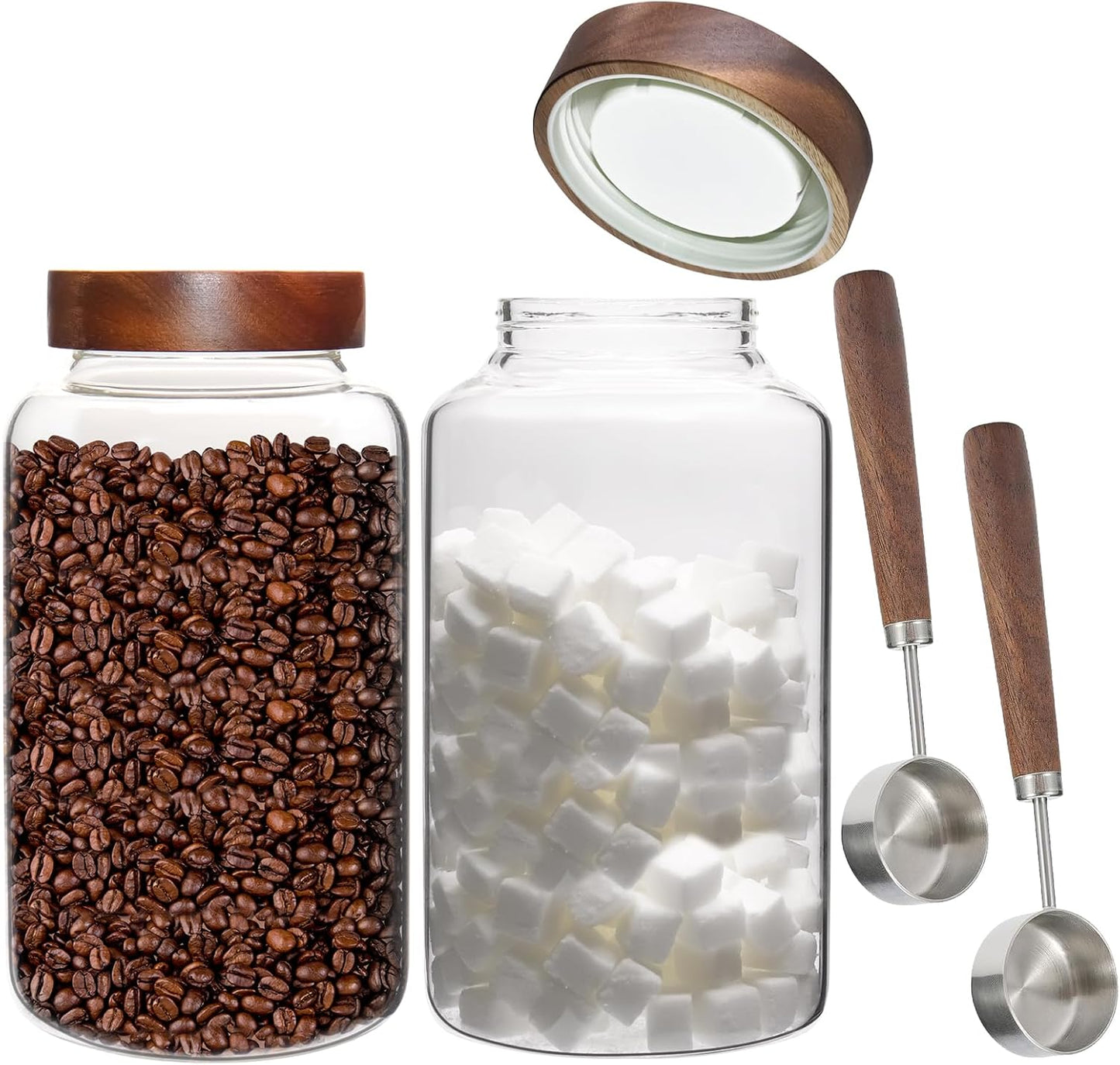6 pc Glass Spice jars Glass Jars with Screw Lid 5 oz Acacia Wood Glass Herb Sugar Coffee Bean Ground Container Food Storage Canister for Candy Pantry Tea Seasoning Meal Prep Snack (6*150ml(5oz))