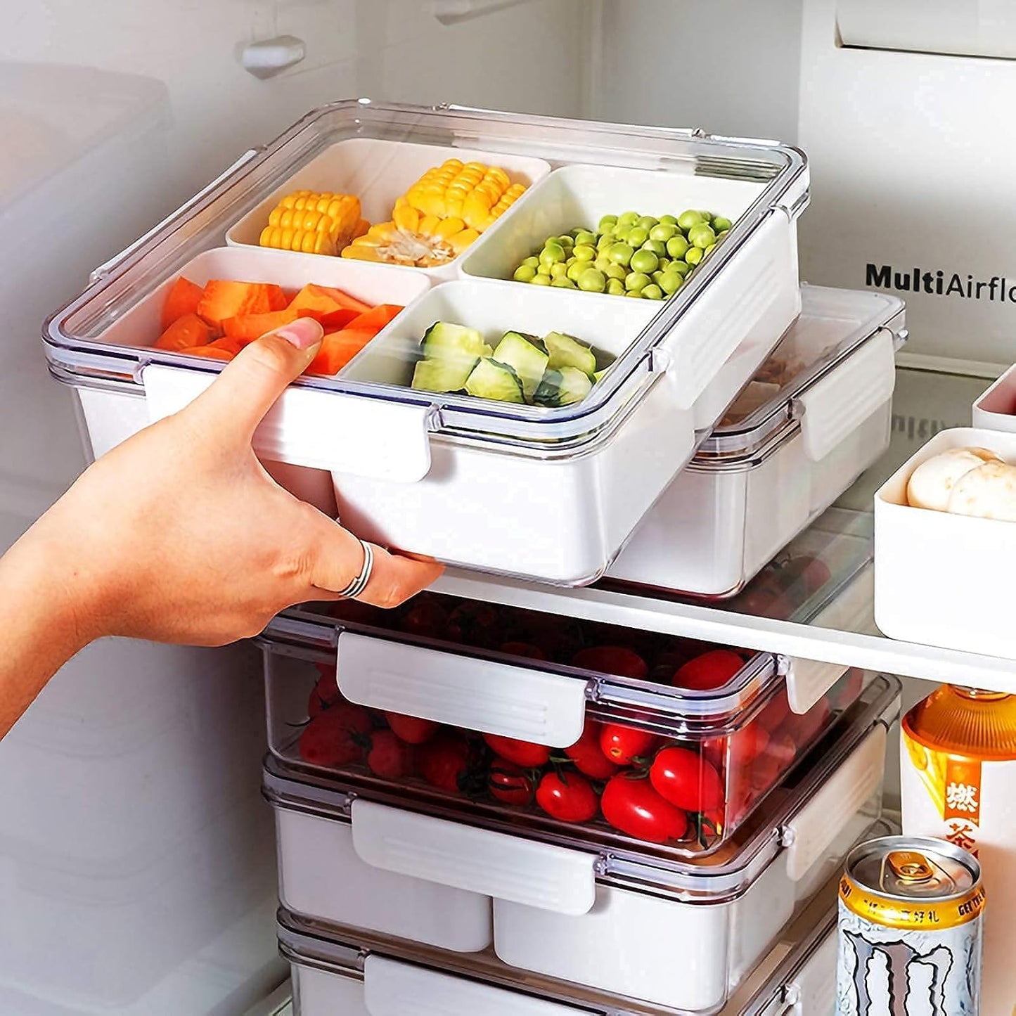 Divided Serving Tray with Lid for Veggie Charcuterie Container Portion Control Salad Keeper with 4 Removable Boxes Stackable Refrigerator Organizer Bins Food Storage Organizer Produce Saver