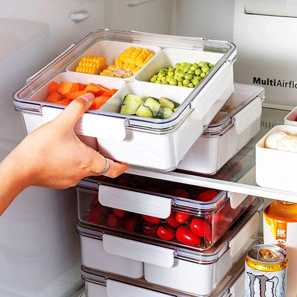 Divided Serving Tray with Lid for Veggie Charcuterie Container Portion Control Salad Keeper with 4 Removable Boxes Stackable Refrigerator Organizer Bins Food Storage Organizer Produce Saver