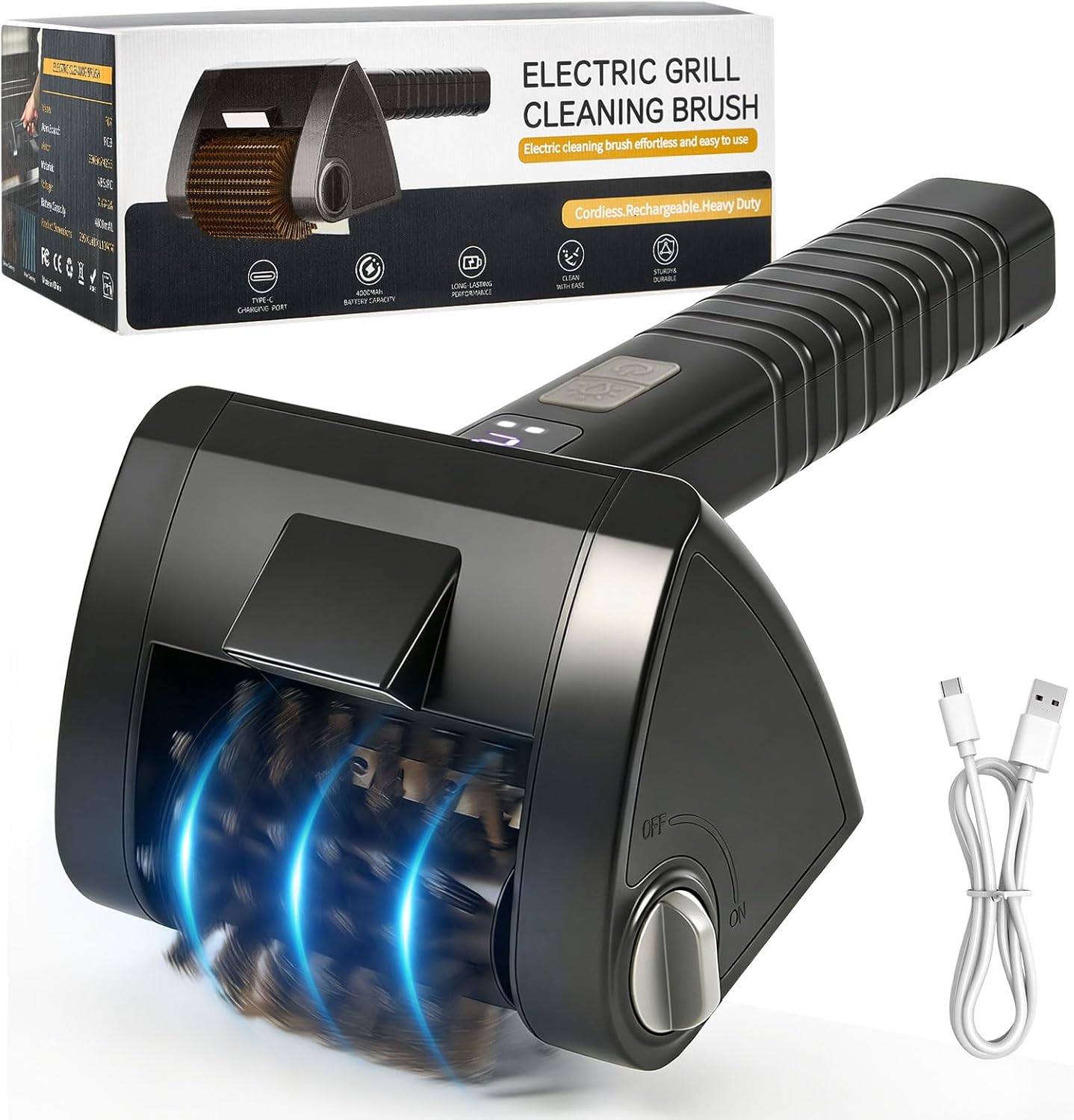 Electric Grill Brush, Cordless Rechargeable BBQ Cleaner, 2-Speed Control, 304 Stainless Steel Removable Brush Head for BBQ Grates & Outdoor Grills