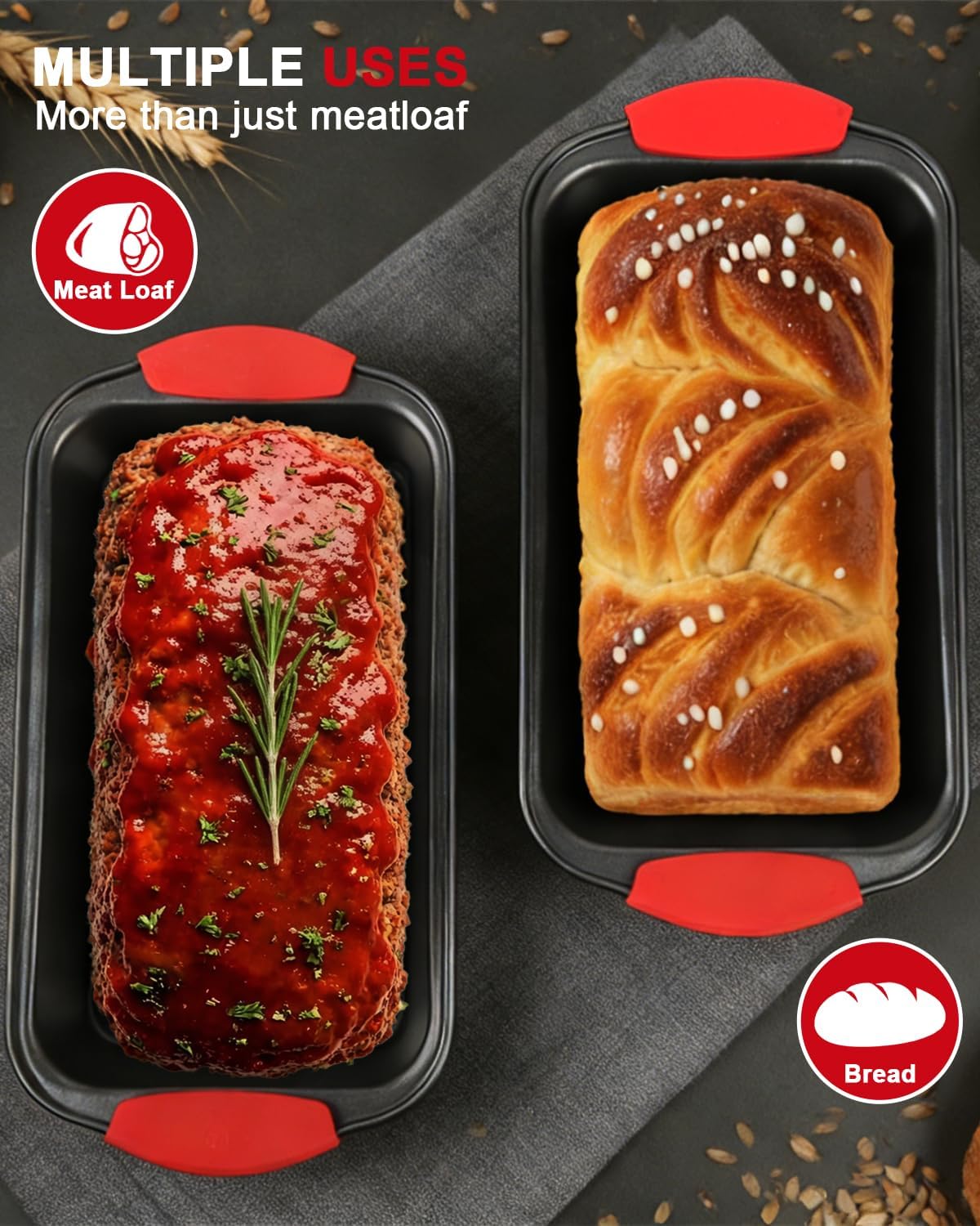 Meatloaf Pan with Drain Tray, 2 Piece Set Meat Loaf Pan with Silicone Grip and Spatula & Basting Brush, Carbon Steel with Nonstick Coating, Oven Safe to 450°F, Versatile for Bread, Roasts, Cakes