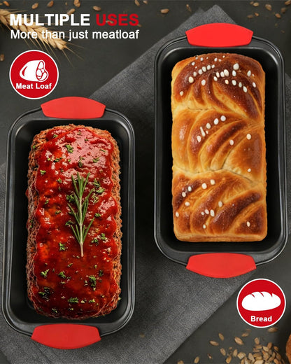 Meatloaf Pan with Drain Tray, 2 Piece Set Meat Loaf Pan with Silicone Grip and Spatula & Basting Brush, Carbon Steel with Nonstick Coating, Oven Safe to 450°F, Versatile for Bread, Roasts, Cakes