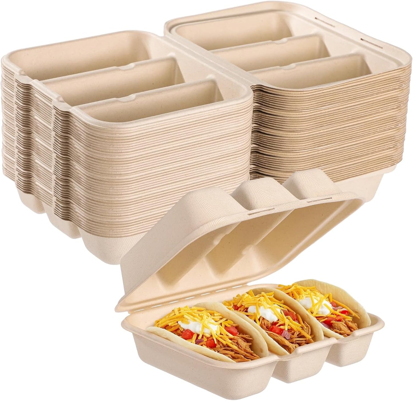 100 PCS Taco Plates Disposable with Lid 8.4 * 7.1 * 3in, 3-Slot Taco Holder, Bagasse Pulp Takeout Food Holders for Tacos, Hot Dogs, Sandwiches, Outdoor Lunch and Party Serving (100Pcs)