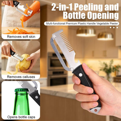 2pcs Multifunctional Vegetable Peeler, 3-in-1 Stainless Steel Fruit Peeler with Bottle Opener & Julienne Cutter Multi Functional Kitchen Gadget Knife Peeling Tool for Food Potato Apple Veggie Carrot