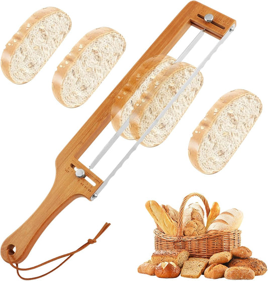 Adjustable Bread Slicer for Sourdough, 15.75x 2.75 inches Wooden Sourdough Bread Knife with Thickness Guide, Precision Cutter Tool for Crusty Sourdough & Baguette, with leather hanging strap