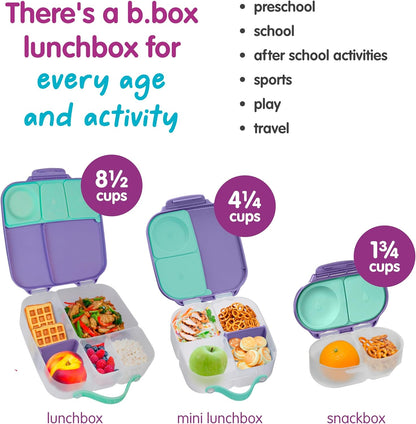 b.box Mini Lunch Box 2-Pack, Leak Proof Bento Box for Kids, 3 Compartment Snack Containers Ages 3+, Lunchbox for Daycare + School, Dishwasher Safe, BPA-Free, PFAS-Free, 4.25 Cup - Blue + Green