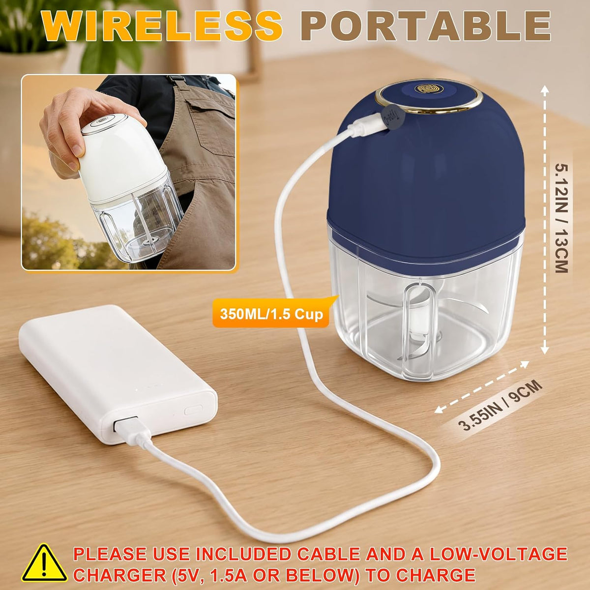 Electric Mini Food Chopper with 2 Plastic Bowls(1Cup&1.5Cup), White