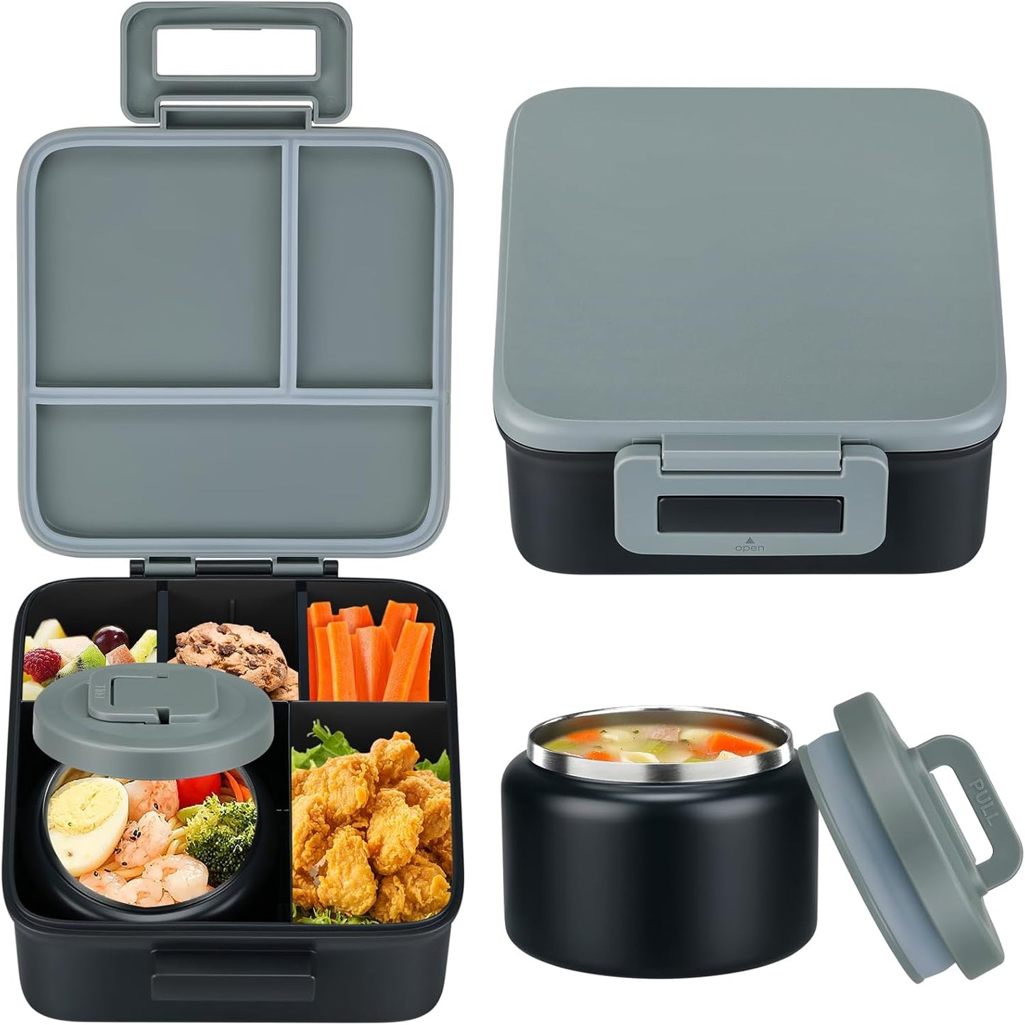 MAISON HUIS Bento Lunch Box with 8oz Soup Thermo and Insulated Lunch Bag, Kids Leakproof Lunch Food Containers with 5 Compartment, Boys Girls Thermo Hot Food Jar for Travel, School, BPA Free (Black)