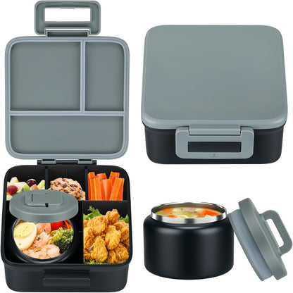 MAISON HUIS Bento Lunch Box with 8oz Soup Thermo and Insulated Lunch Bag, Kids Leakproof Lunch Food Containers with 5 Compartment, Boys Girls Thermo Hot Food Jar for Travel, School, BPA Free (Black)