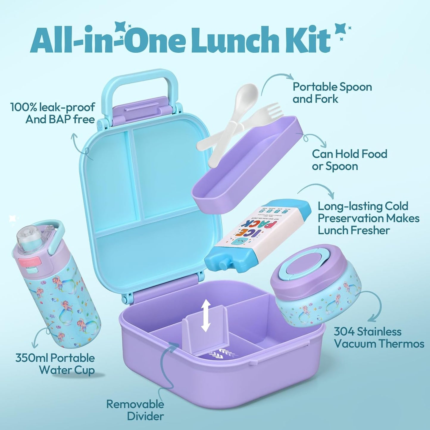 Itslife Bento Box for Kids Set, Insulated Food Container,Kids Lunch Box, 7 oz Thermos for Hot Food, 12 oz Thermos Water Bottle, Reusable Insulated Ice Bag & Fork Spoon Utensils Camping Travel Pink
