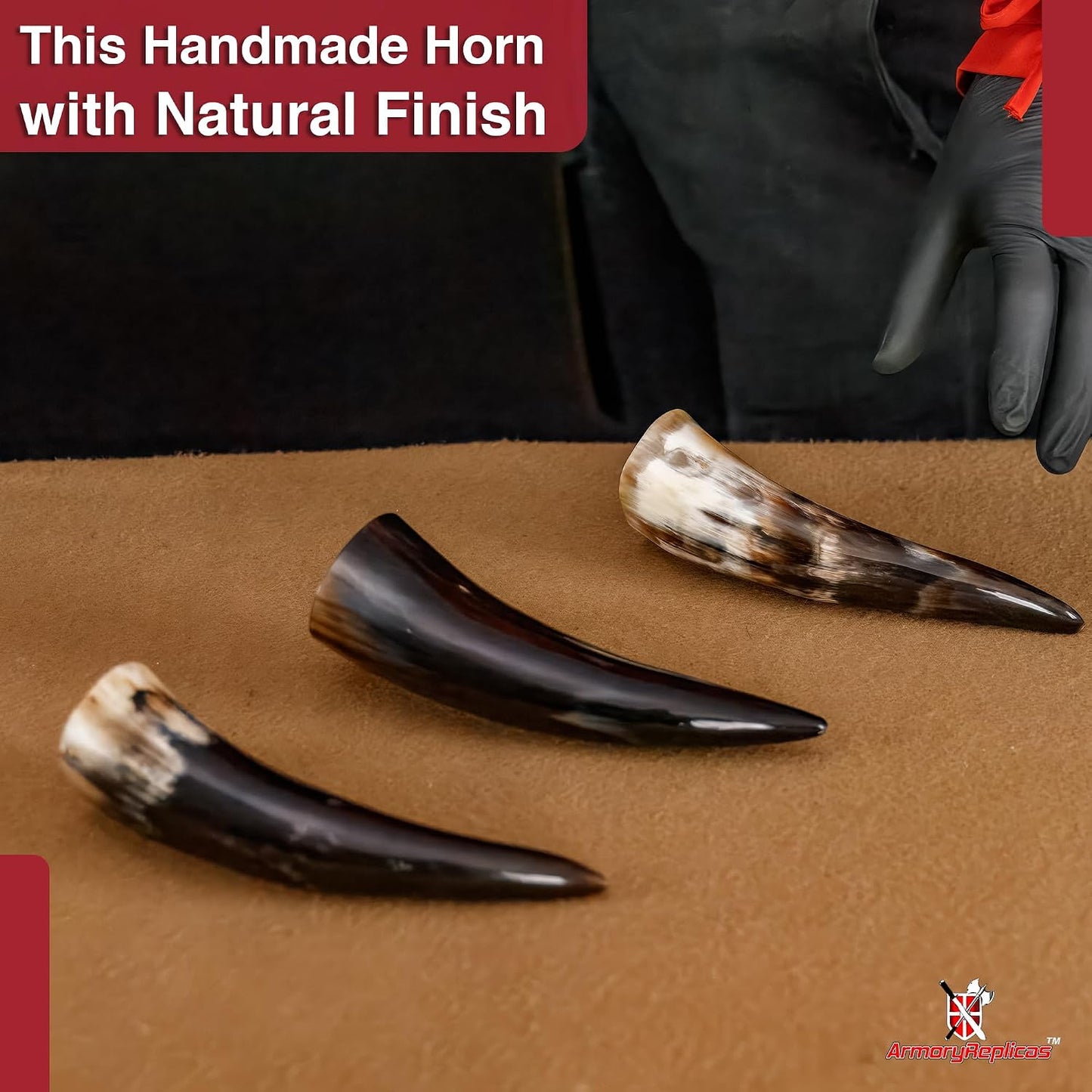 Armory Replicas™ 3-Piece Buffalo Drinking Horn Set – Handmade Natural Horn Cups with Earth Design, Viking Style Mead Ale Wine Cups for Feasts, Parties & Collectors