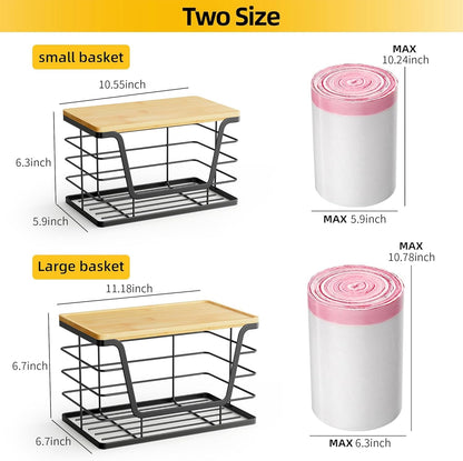 ALOCEO 2 Pack Stackable Wire Storage Basket with Bamboo Lid, Trash Bag Dispenser Under Sink for 4-13 Gal Bags, Kitchen Storage Bins for Potato and Onion, Brown