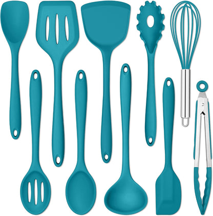 E-far 10 Pieces Silicone Cooking Utensils Set, Heat Resistant Kitchen Utensil Set for Nonstick Cookware, Kitchen Cooking Tools with Spatula, Spoon, Slotted Turner, Non-Toxic & Dishwasher Safe (Khaki)