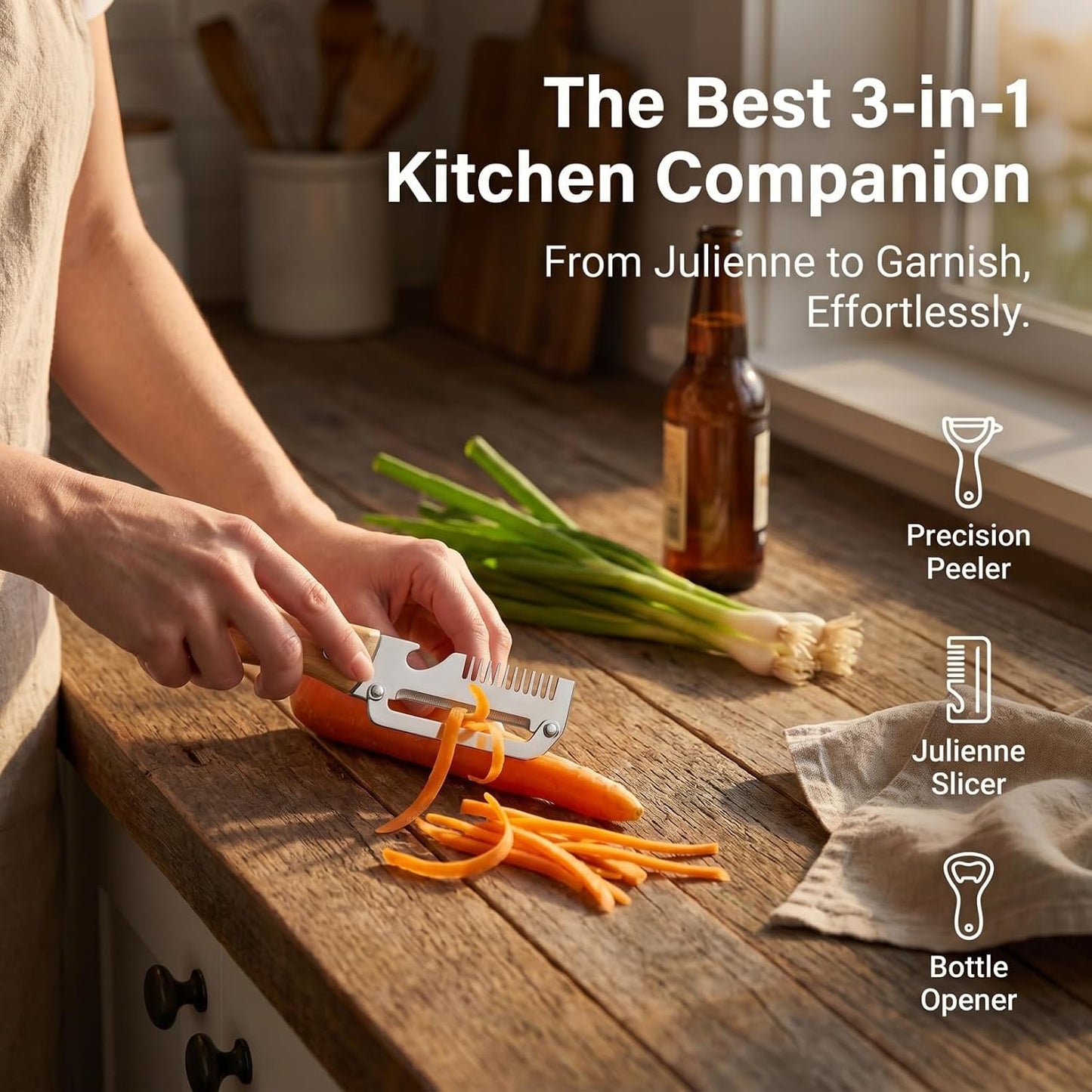 2pcs Multifunctional Vegetable Peeler Shredder, 3-in-1 Stainless Steel Julienne Peeler Tool with Bottle Opener and Non-slip Wooden Handle, Fruit Peeling Knife for Kitchen
