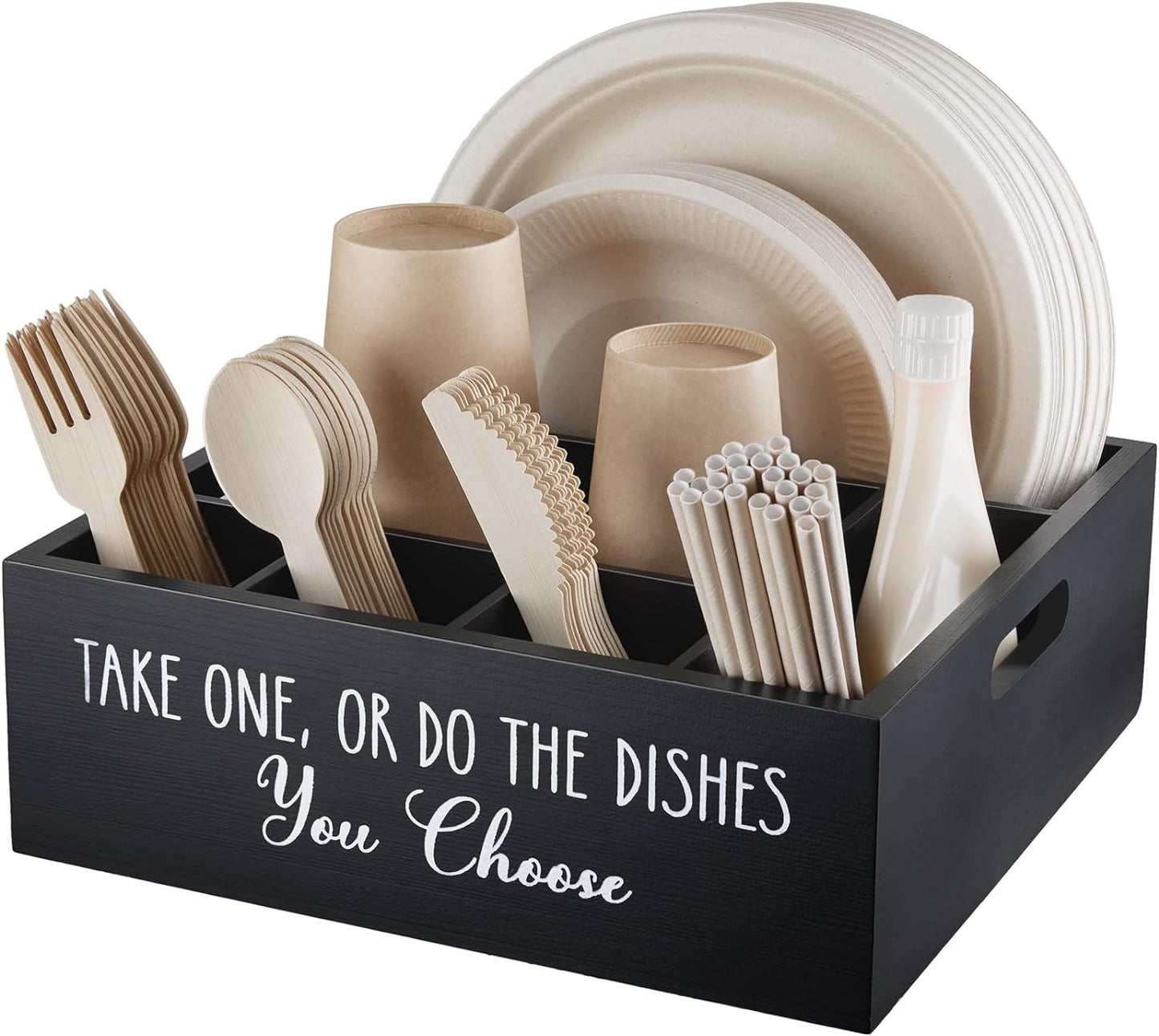 ALELION Acacia Wood Utensil Holder for Party - Paper Plate Organizer for Countertop - Silverware Caddy with 6 Compartments for Plate, Cup, Fork, Spoon - Cutlery Holder for Kitchen Camping Buffet