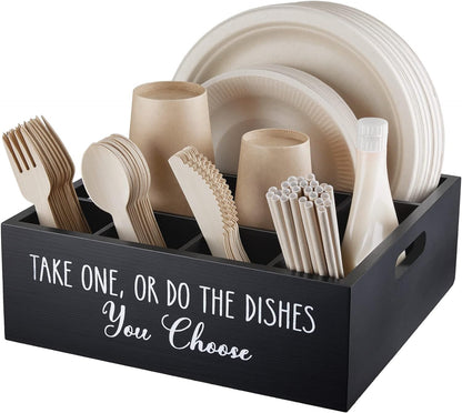 ALELION Acacia Wood Utensil Holder for Party - Paper Plate Organizer for Countertop - Silverware Caddy with 6 Compartments for Plate, Cup, Fork, Spoon - Cutlery Holder for Kitchen Camping Buffet