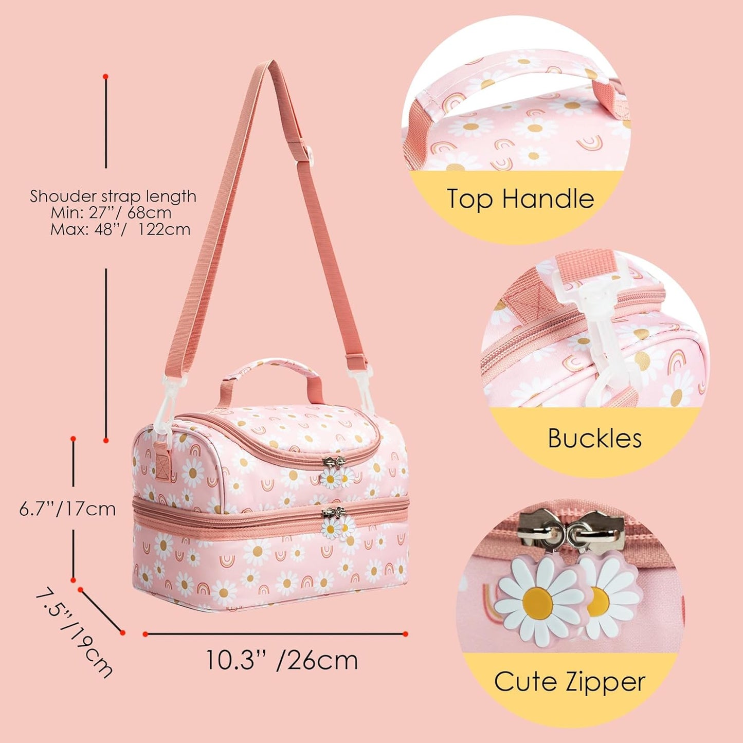 Insulated Kids Dual Compartment Lunch Bags Tote Pack for Girls Boys Toddler Kindergarten School Picnic Cooler Thermal Lunch Boxes with Strap (Green Rainbow)