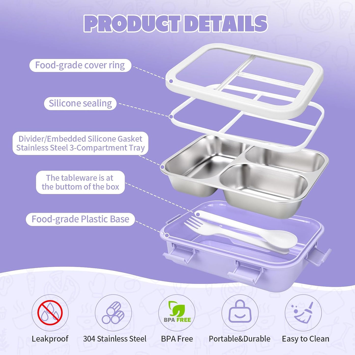 Kids Stainless Steel Bento Box, 3 Compartments Leakproof Lunch Box, Portable Food Storage Containers with Silicone Lids BPA-Free for Office, Picnics, Travel, Blue