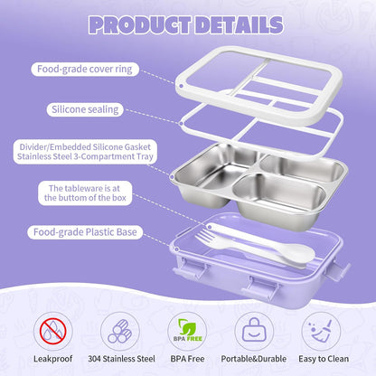 Kids Stainless Steel Bento Box, 3 Compartments Leakproof Lunch Box, Portable Food Storage Containers with Silicone Lids BPA-Free for Office, Picnics, Travel, Blue