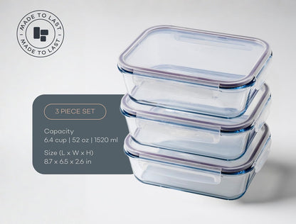 Glass Food Storage Containers | 3 Pack Large Set 52oz/6.4 cup | BPA-Free Airtight LeakProof Lid | Glass Food Containers | Glass Containers with Lids | Oven, Freezer & Dishwasher Safe