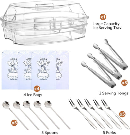 Large Capacity Ice Serving Tray, Fruit Trays for Serving for Party, Chilled Vegetable/Veggie Tray, Shrimp Cocktail Serving Dish- 15 Inch Chilled Party Platter with Lid and 4 Compartments