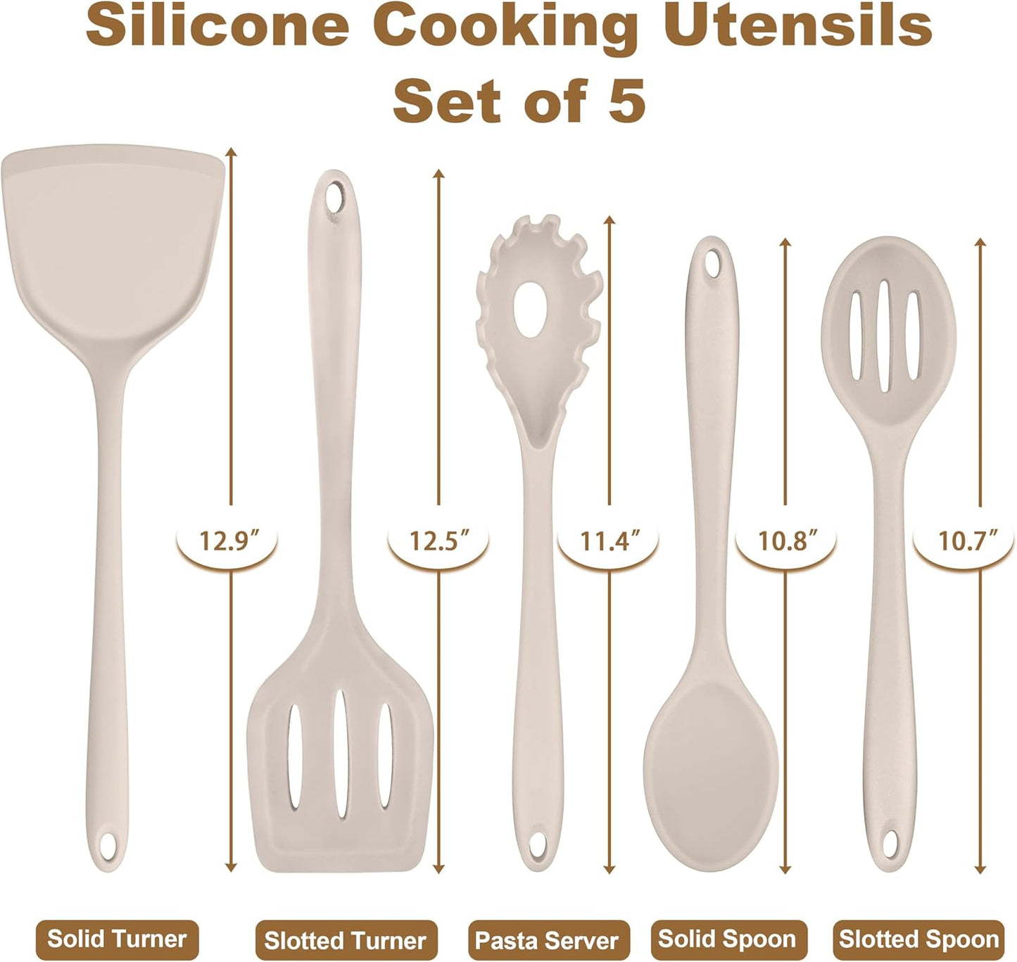 TeamFar Silicone Cooking Utensils Set, 5-Piece Heat Resistant Kitchen Utensils Set, Nonstick Slotted Solid Spoon Turner Pasta Server for Frying, Serving, Mixing, Non-Toxic & Dishwasher Safe, Black