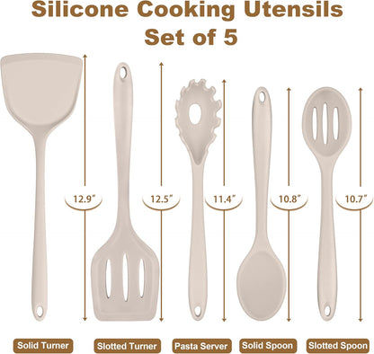 TeamFar Silicone Cooking Utensils Set, 5-Piece Heat Resistant Kitchen Utensils Set, Nonstick Slotted Solid Spoon Turner Pasta Server for Frying, Serving, Mixing, Non-Toxic & Dishwasher Safe, Black