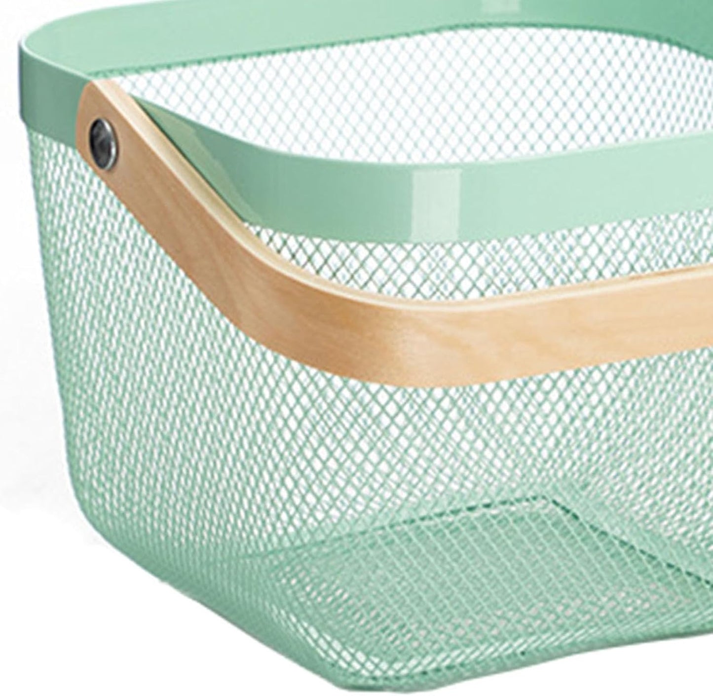 AJIODA Metal Mesh Steel Basket, Storage Organizer Basket Multi-functional Hanging Kitchen Baskets Fruit Basket Bin with Bamboo Handle for Kitchen Bathroom Picnic Shopping Decor Cabinet Home, Blue
