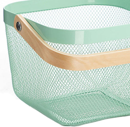 AJIODA Metal Mesh Steel Basket, Storage Organizer Basket Multi-functional Hanging Kitchen Baskets Fruit Basket Bin with Bamboo Handle for Kitchen Bathroom Picnic Shopping Decor Cabinet Home, Blue