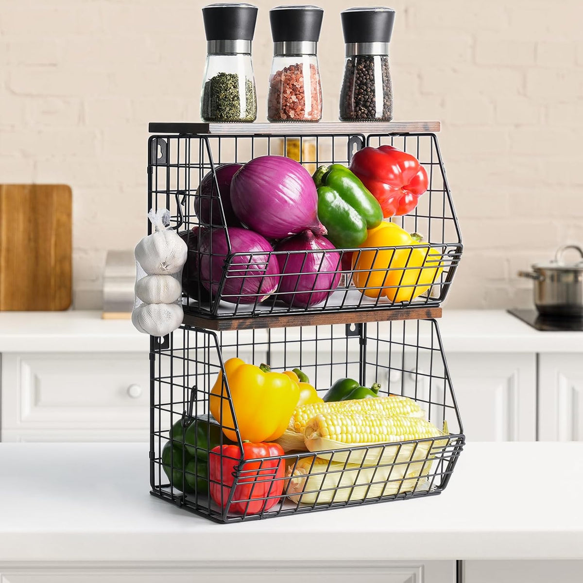 Mefirt Fruit Basket, 2-Tier Fruit Bowl for Kitchen Counter, Stackable Wall Mounted Fruit Storage, Snack Organizer, Potato and Onion Storage Basket, Hanging Pantry Storage with Wood Lid, 2 Set, White