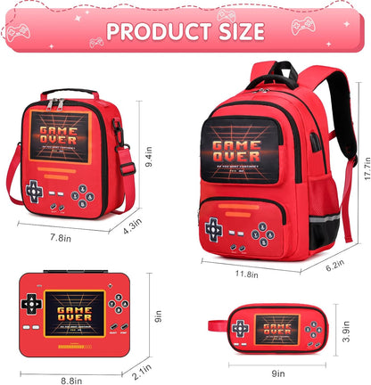 ACESAK Game luminous Boys Backpack - Bento Box with Insulated Lunch Bag Pencil Case, Utensils Set for Kids, 6 Leakproof Compartments Removable Tray Lunches or Snack Container (Blue)