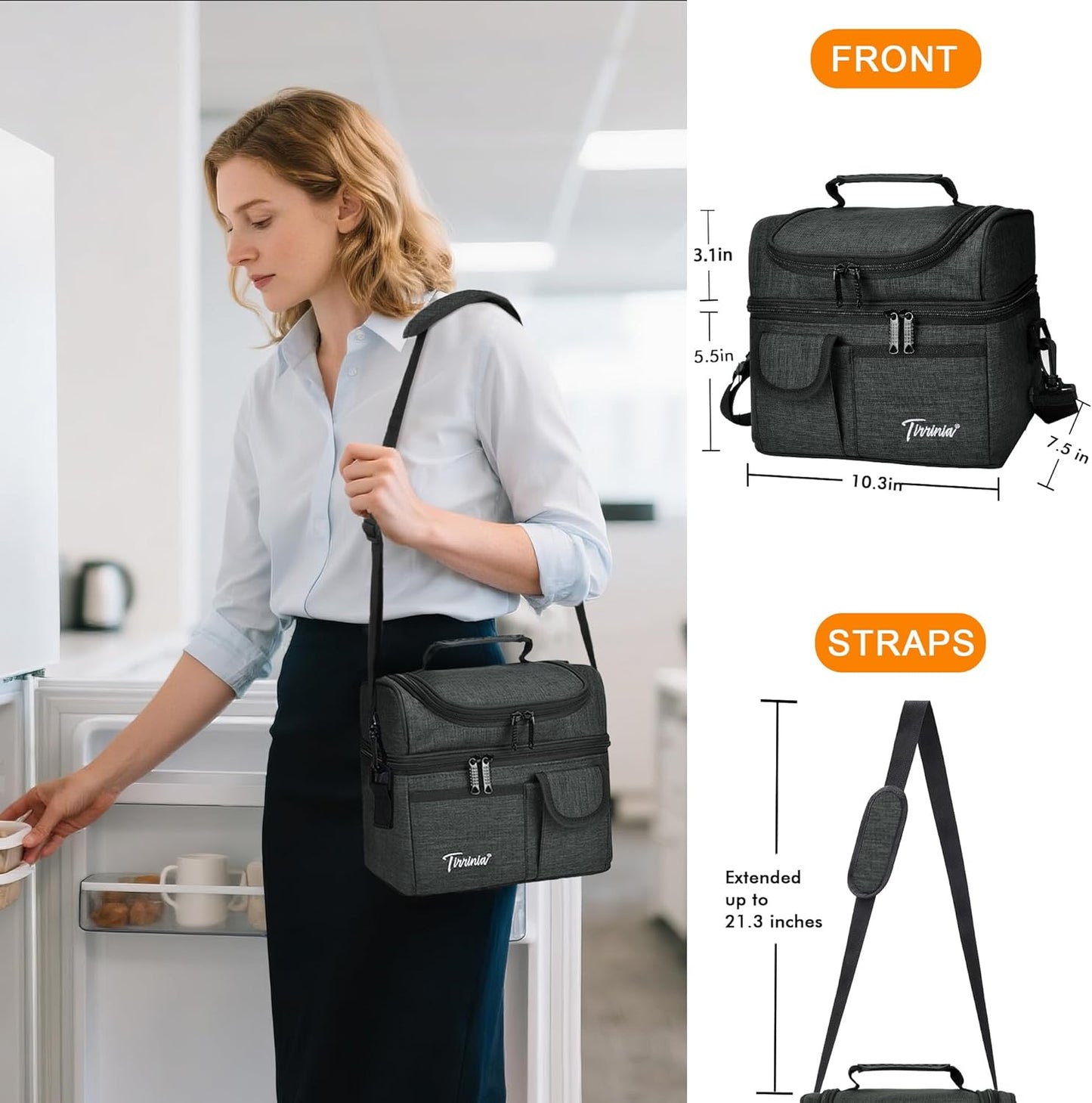 Tirrinia Reusable Lunch Box for Men Women, Insulated Lunch Bag Adult Work, Double Decker Leakproof Lunchbox for Office Picnic Beach—Dual Compartment Lunch Cooler Bag