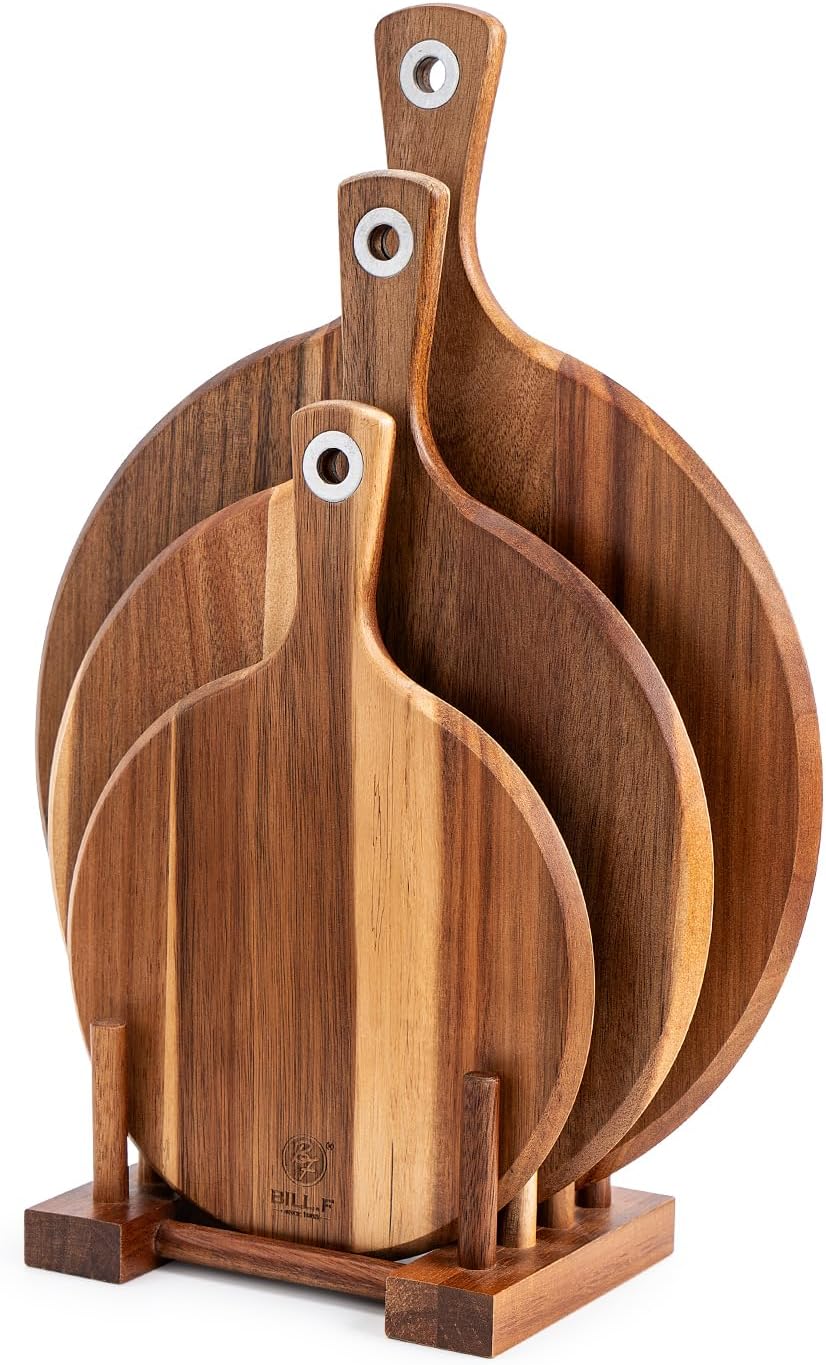 BILL.F Acacia Pizza Peel, Set of 3 Acacia Wood Cutting Board 8" 10" 12" Inch Cutting Board, Cheese Paddle Board, Bread and Crackers Platter for Serving and Minor Food Prepare with Handle and Organizer