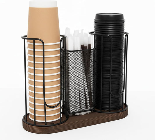 3-Compartment 16oz Coffee Cup & Lid Holder – Countertop Coffee Station Organizer with Wooden Base – Durable Dispenser for Disposable Cups, Lids & Straws