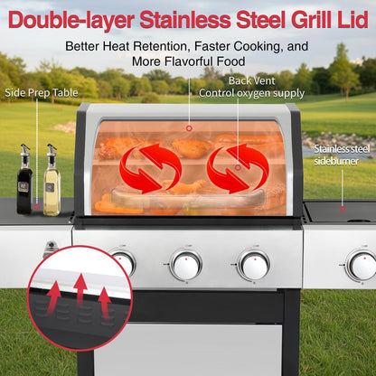 69,000 BTU 6+1 Burner Propane Gas Grill with Cast Iron Grids & Griddle Plate, Double-Wall Stainless Steel Lid – Even Heat, Easy Clean, Perfect for Backyard BBQ