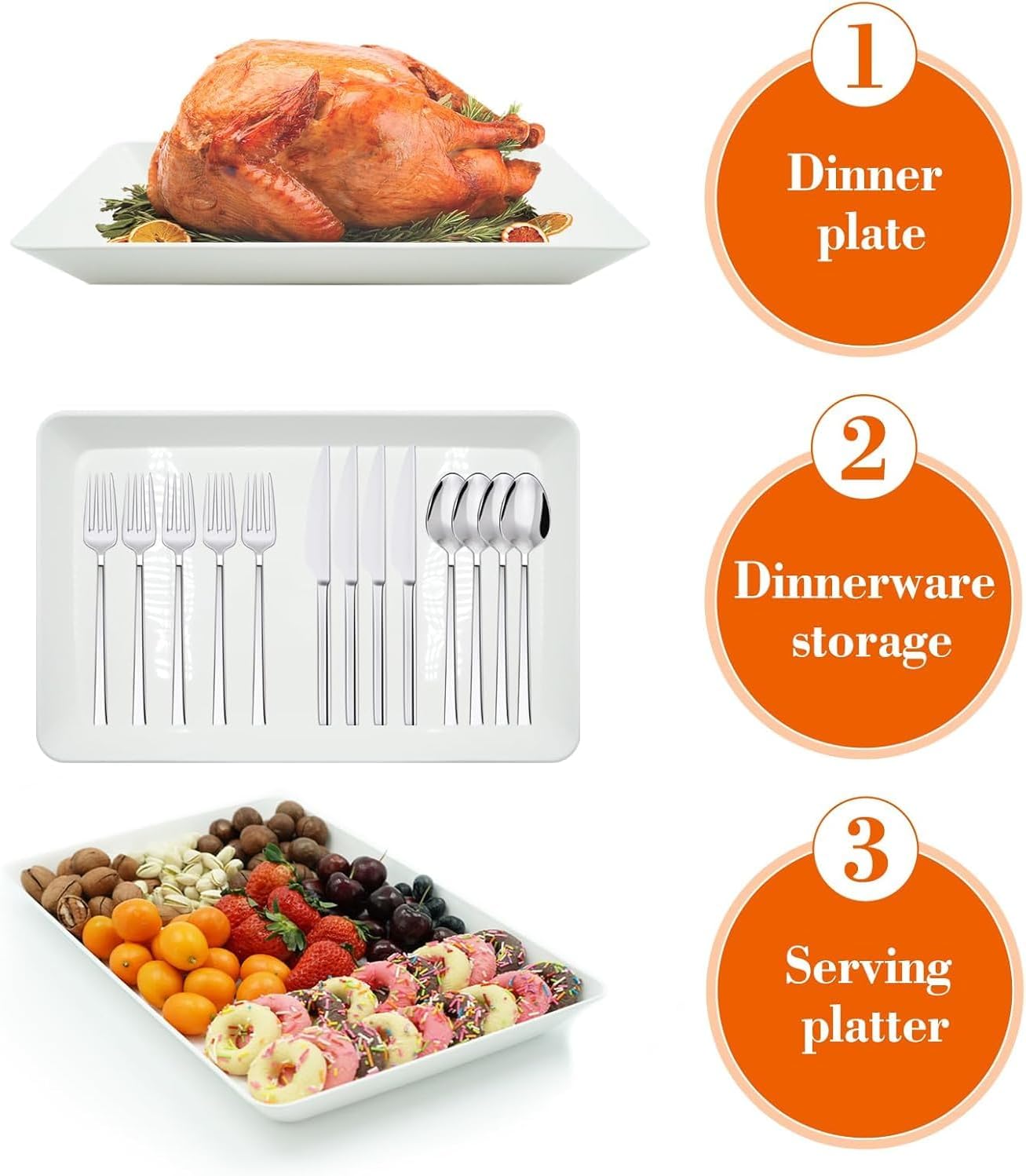 Serving Tray Platter, 4 Pack Food Tray for Veggie Fruit Snack Dessert Cookie Cheese, Food Trays for Party Supplies Display, Plastic Platters for Serving Food, Large White Trays, BPA Free