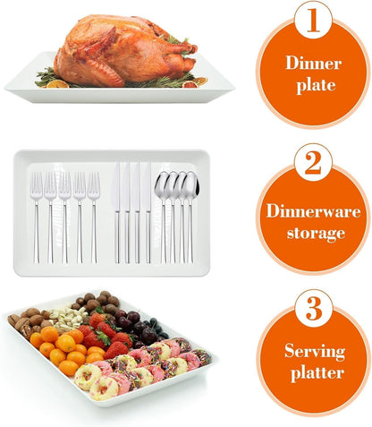Serving Tray Platter, 4 Pack Food Tray for Veggie Fruit Snack Dessert Cookie Cheese, Food Trays for Party Supplies Display, Plastic Platters for Serving Food, Large White Trays, BPA Free