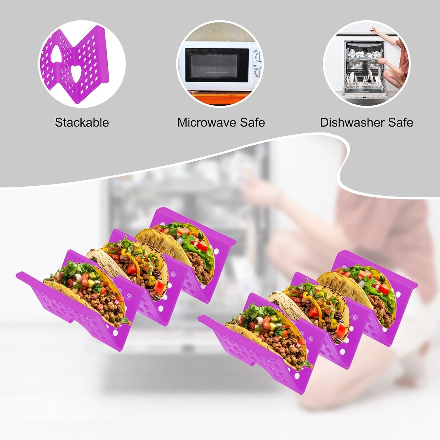 uxcell 8 Pcs Taco Holder Stand, Plastic Taco Plates Hold Up to 3 Tacos, Hollow Carved Taco Shell Holder, Dishwasher Microwave Safe, Pink