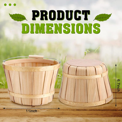 6 Pack 11 x 6.7'' Large Round Wooden Baskets with Handles, Handmade Wood Basket, Bushel Baskets, Farmers Market Baskets, Apple Baskets, Wooden Baskets for Indoors Outside Personal or Commercial Use