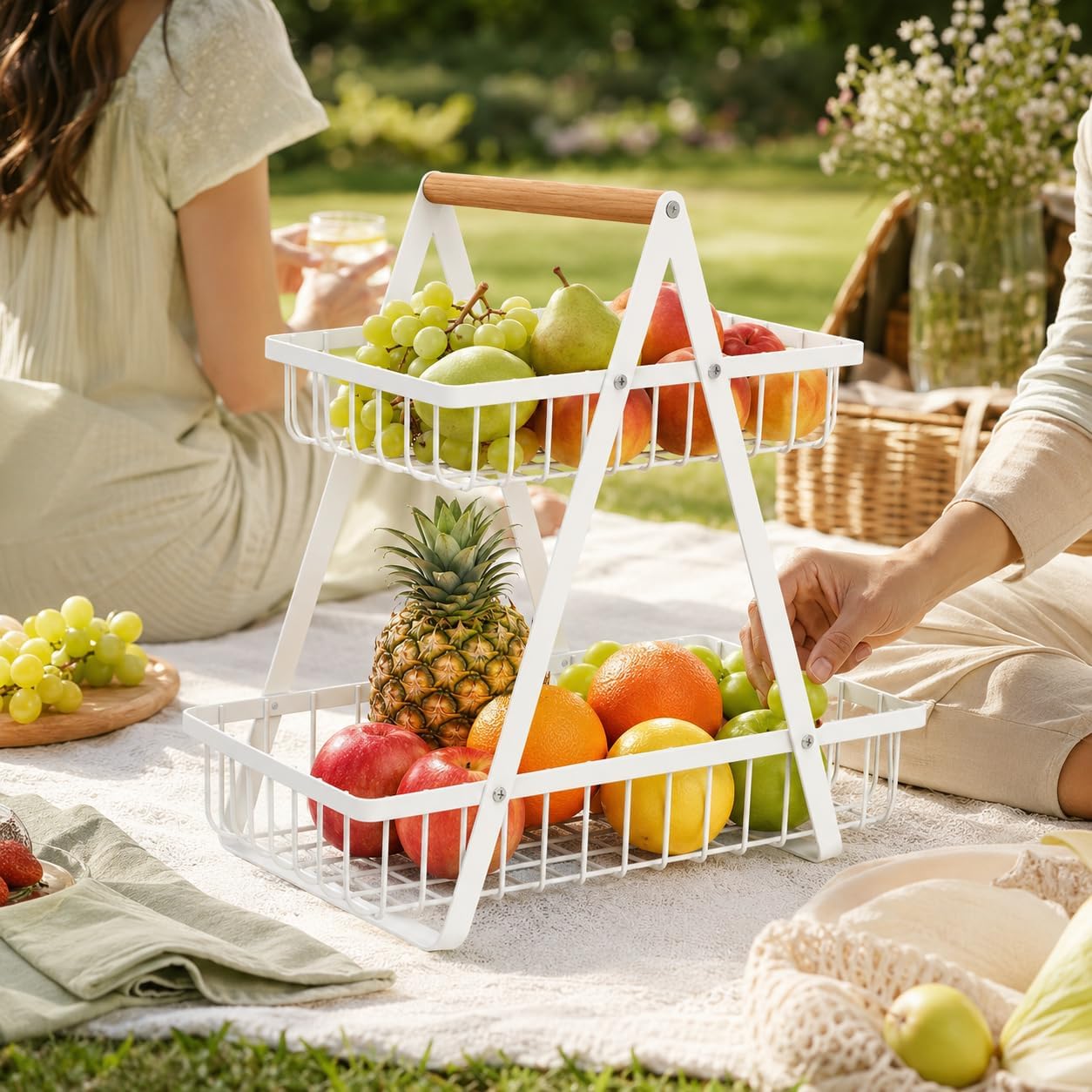 mahueeol 2-Tier Metal Fruit Basket for Kitchen Counter with Wooden Handle | Detachable rectangular baskets hold fruits, vegetables, bread and snacks; use stacked or separately in kitchens and pantries