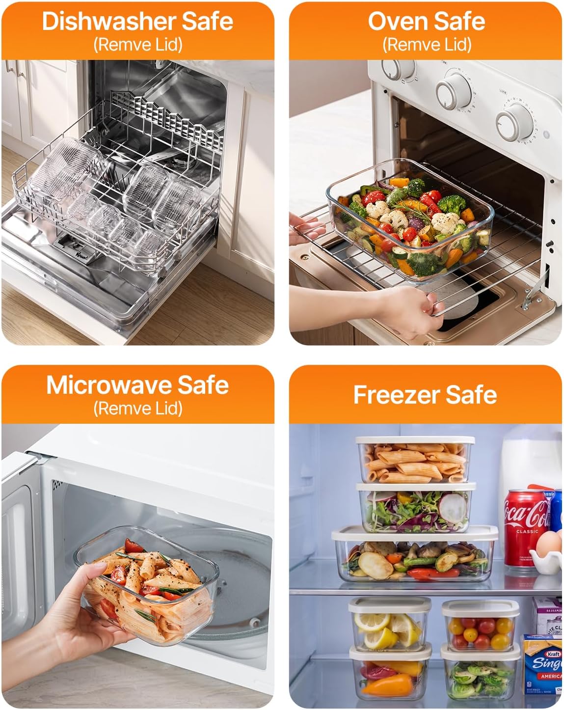 KEMETHY 7 Pack Glass Food Storage Containers with Lids,Stackable BPA Free Glass Meal Prep Containers,Glass Lunch Containers with Lids for Kitchen Storage and Organization- Baking, Microwave, Oven