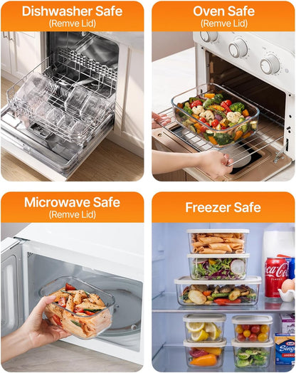 KEMETHY 7 Pack Glass Food Storage Containers with Lids,Stackable BPA Free Glass Meal Prep Containers,Glass Lunch Containers with Lids for Kitchen Storage and Organization- Baking, Microwave, Oven