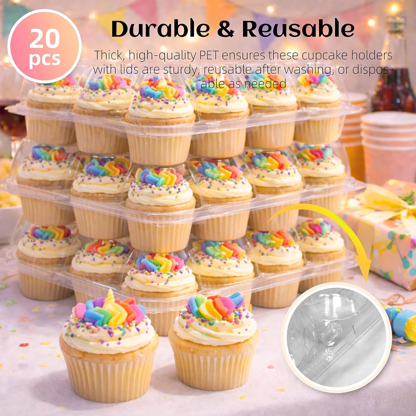 WIKDAY (12 Count x 20 Sets Plastic Cupcake Containers with Liners, Clear Cupcake Holder with Lids, Disposable Cupcake Carrier for Bakery, Cupcake Storage Box for Parties, Bake Sale Packaging